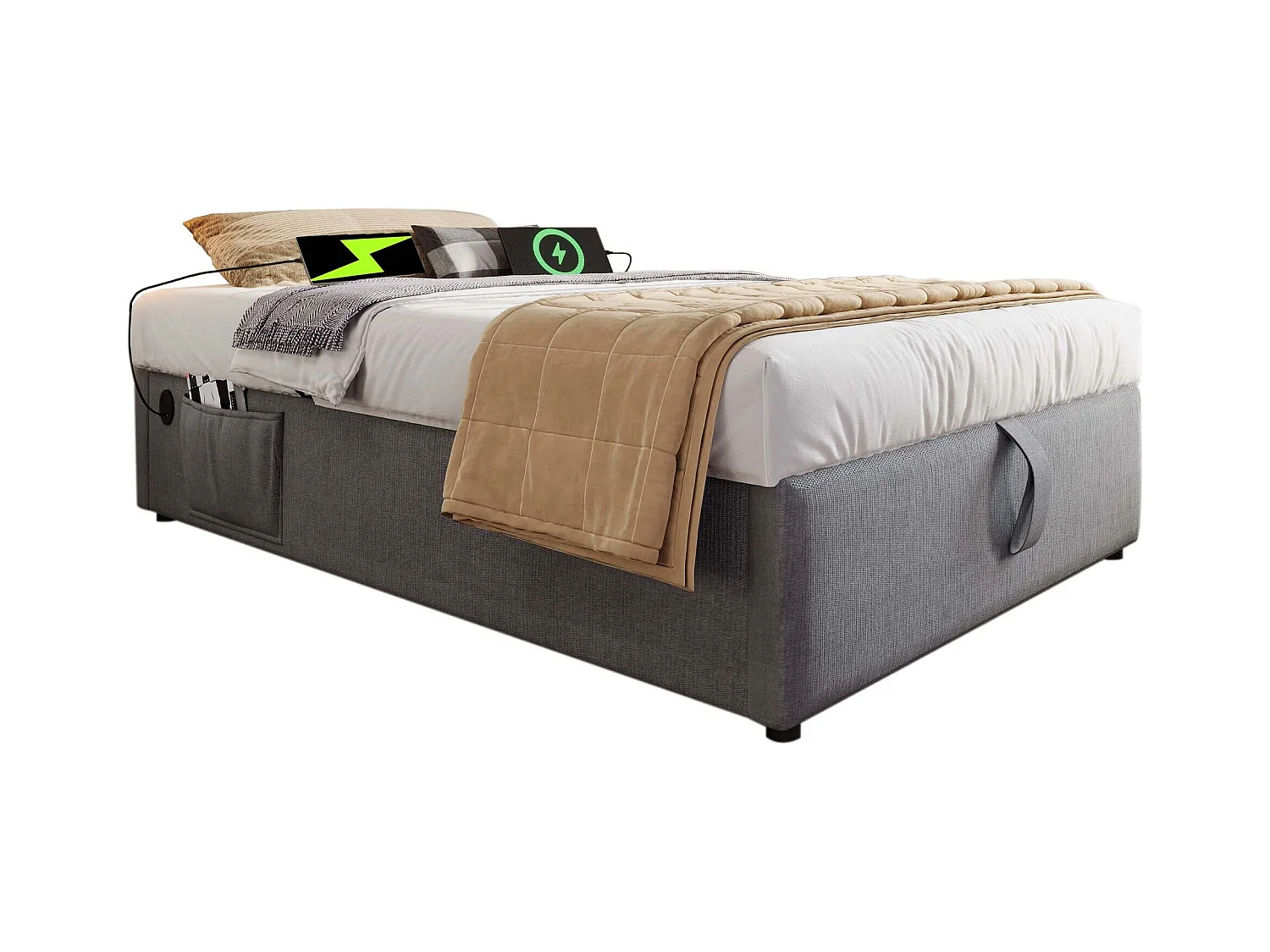 Lit coffre 90 x 200 cm - Lit enfant avec port USB et poche de rangement - lin gris - sans matelas