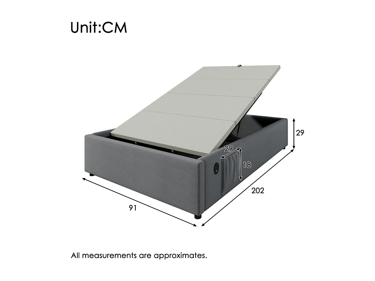 Lit coffre 90 x 200 cm - Lit enfant avec port USB et poche de rangement - lin gris - sans matelas