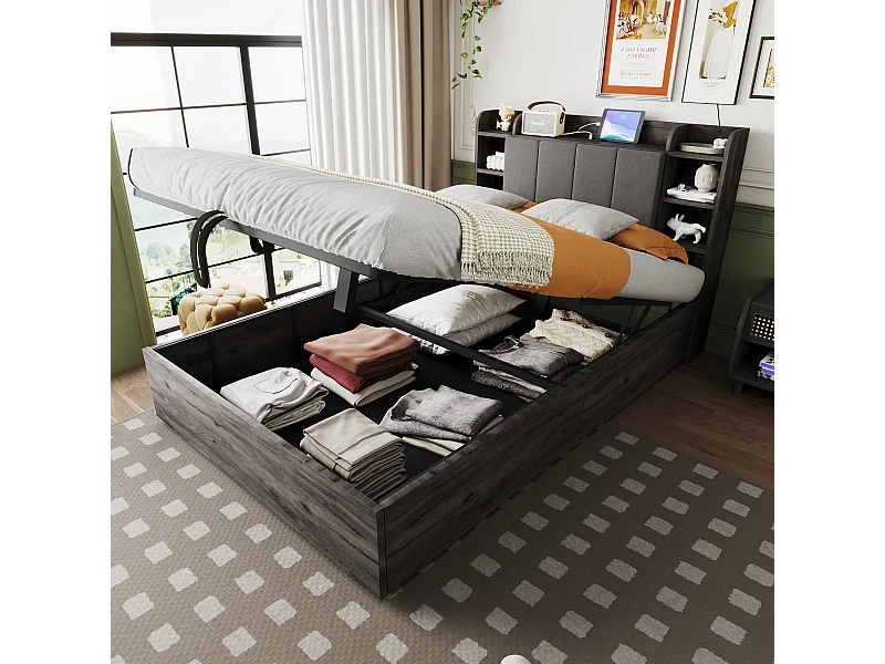 Cama de 140 x 200 cm con canapé - Cama para adultos con cabecero, espacio de almacenaje y carga USB - Madera gris - Sin colchón