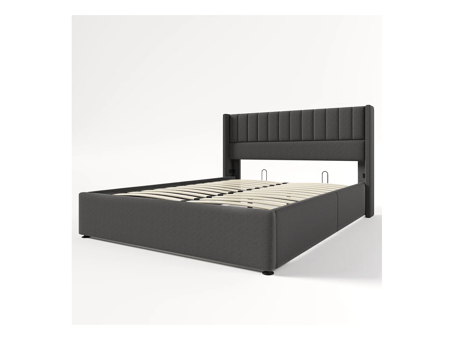 Lit coffre 160 x 200 cm - Lit adulte avec dossier rembourré - lin gris - sans matelas