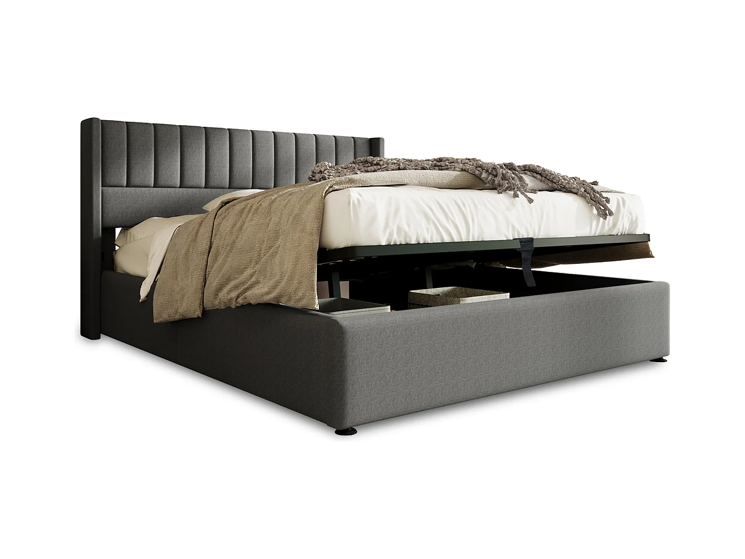 Lit coffre 160 x 200 cm - Lit adulte avec dossier rembourré - lin gris - sans matelas