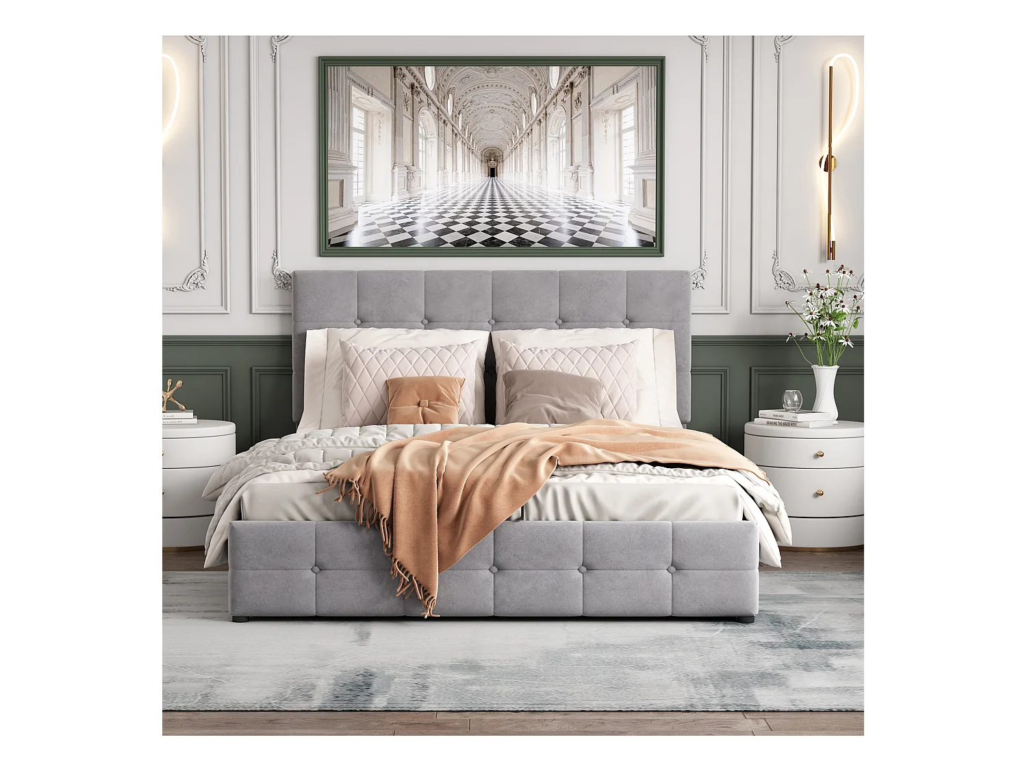 Łóżko z pojemnikiem 140 x 200 cm - Łóżko podwójne z regulowanym zagłówkiem - szary aksamit - bez materaca