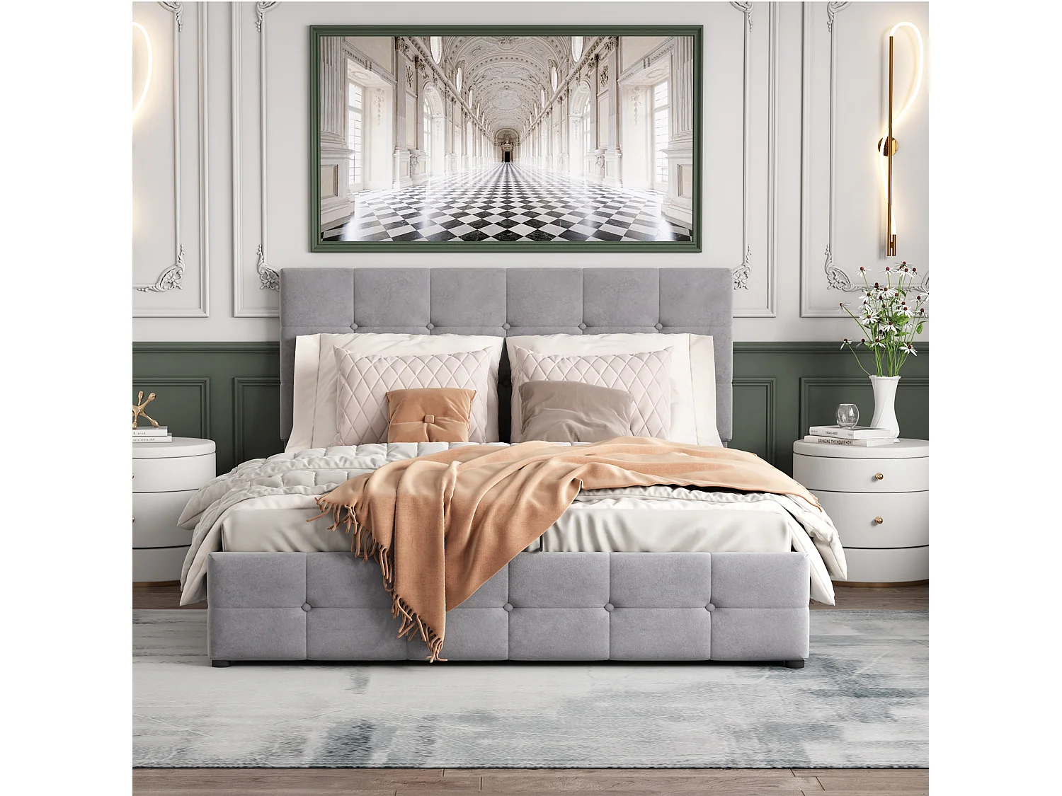 Lit coffre 140 x 200 cm - Lit double avec tête de lit réglable en hauteur - velours gris - sans matelas