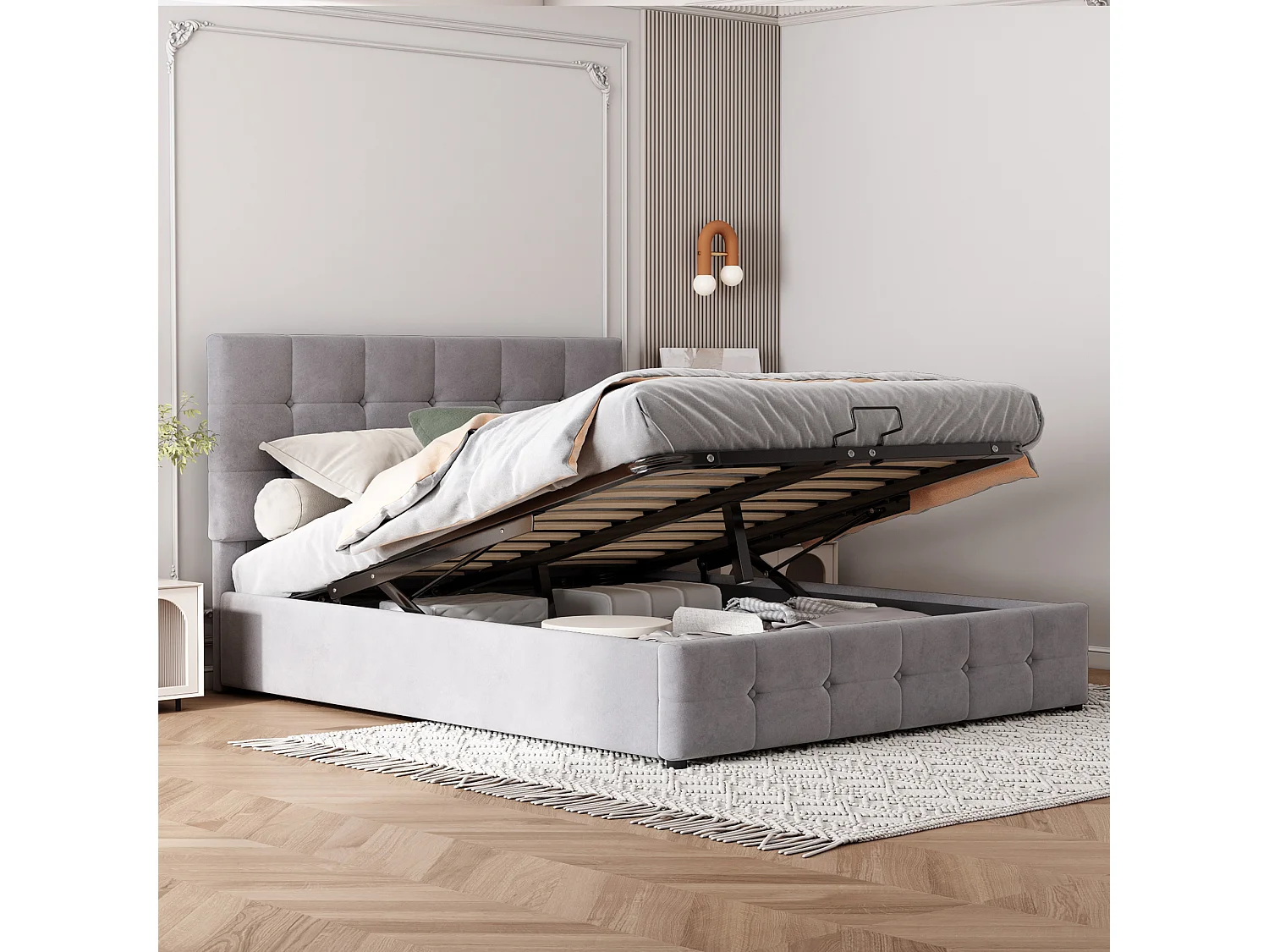 Lit coffre 140 x 200 cm - Lit double avec tête de lit réglable en hauteur - velours gris - sans matelas
