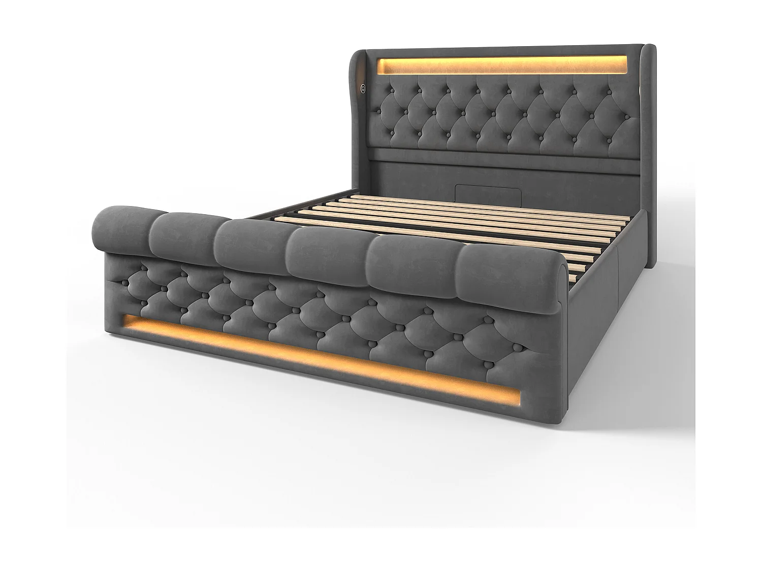 Letto contenitore 140x200 cm - Letto singolo con ricarica USB e luce LED - velluto grigio - senza materasso