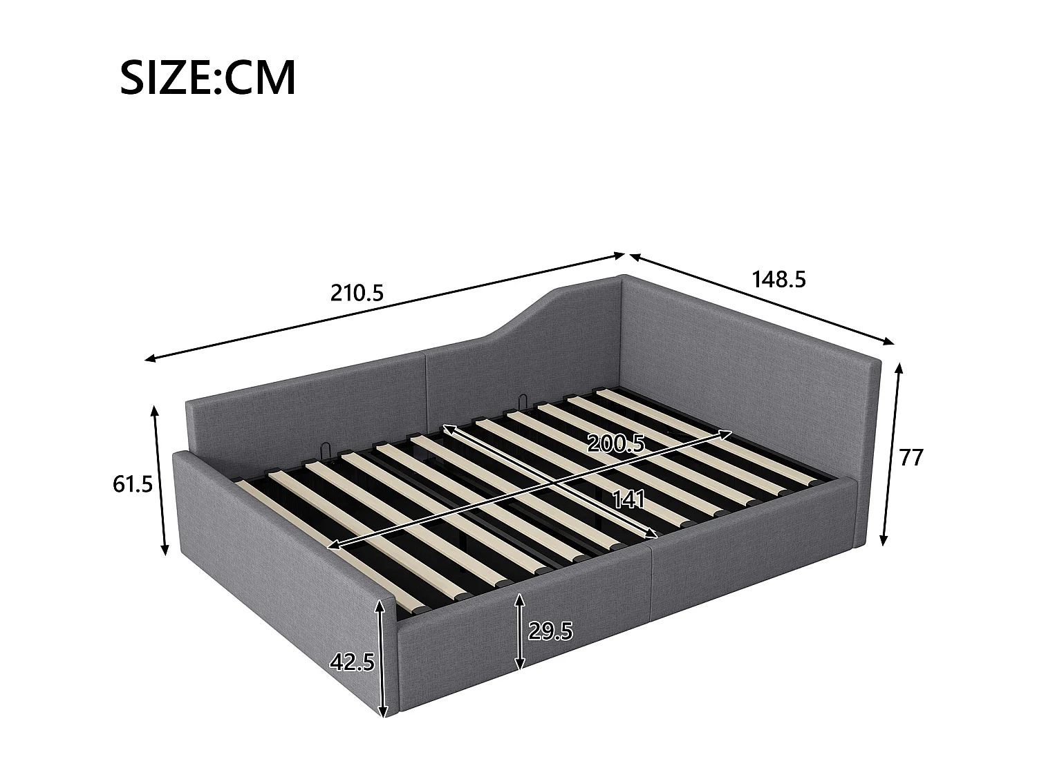 Letto contenitore 140 x 200 cm - Letto per adulti con schienale e braccioli - lino grigio - senza materasso