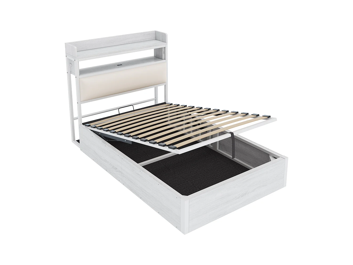 Lit coffre 90 x 200 cm - Lit simple avec chargement USB et tête de lit coffre - bois blanc