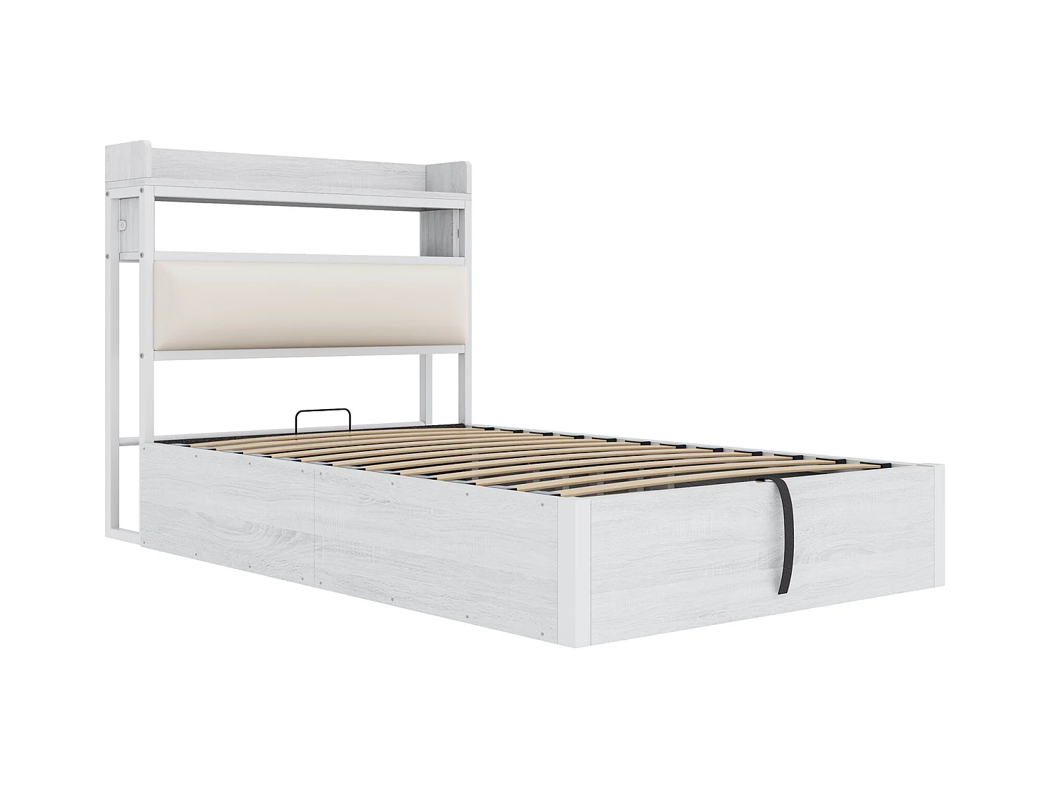Lit coffre 90 x 200 cm - Lit simple avec chargement USB et tête de lit coffre - bois blanc
