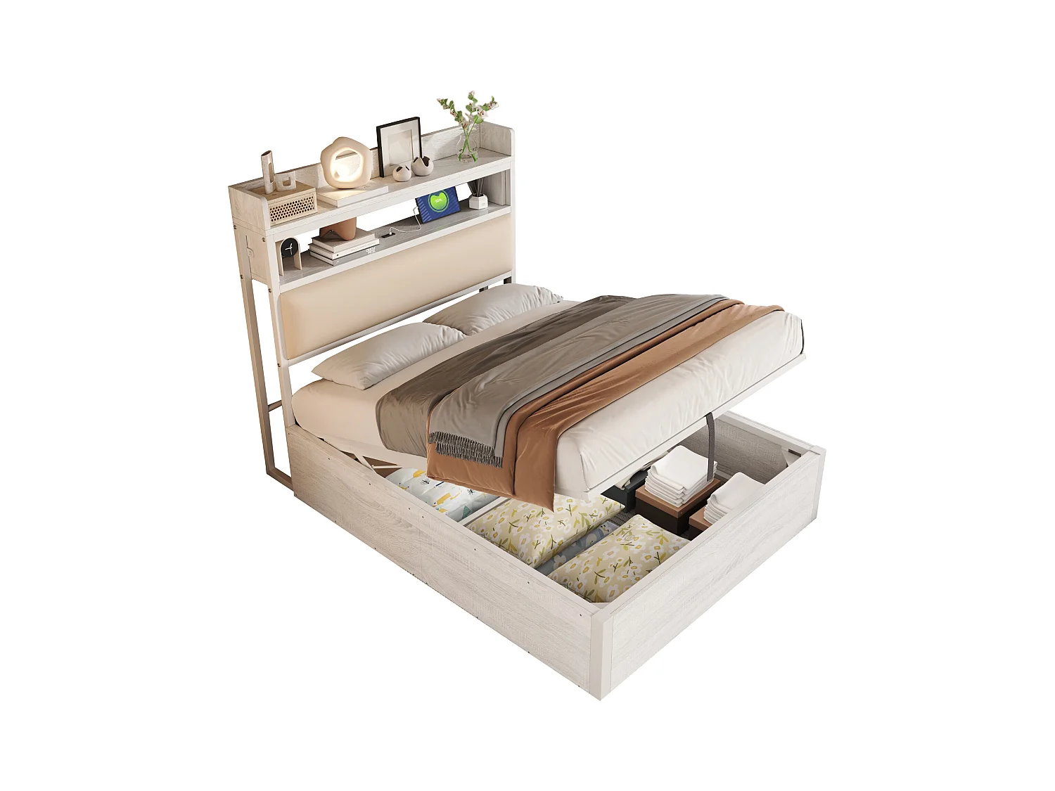 Lit coffre 90 x 200 cm - Lit simple avec chargement USB et tête de lit coffre - bois blanc