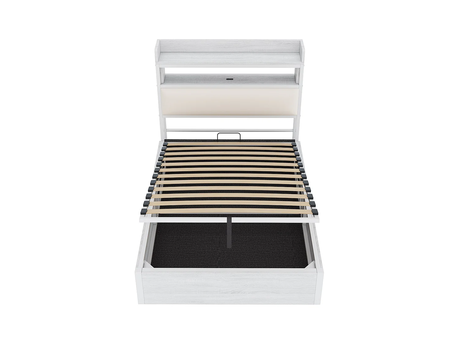 Lit coffre 90 x 200 cm - Lit simple avec chargement USB et tête de lit coffre - bois blanc