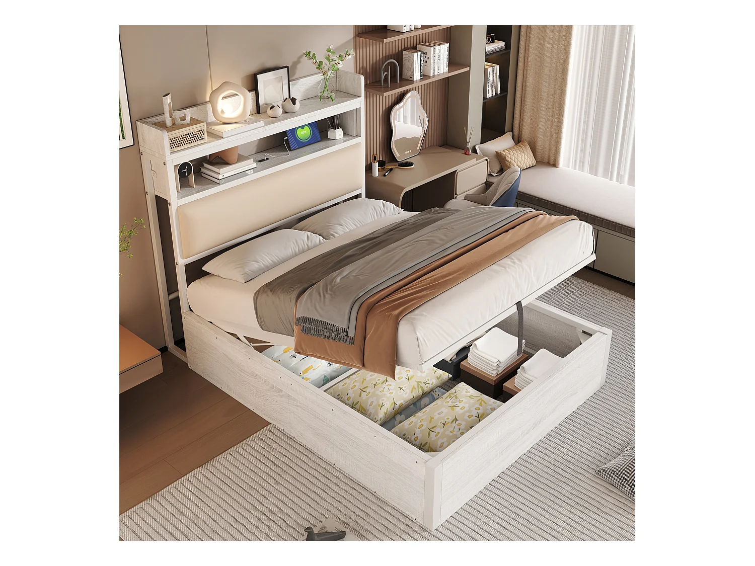 Lit coffre 90 x 200 cm - Lit simple avec chargement USB et tête de lit coffre - bois blanc