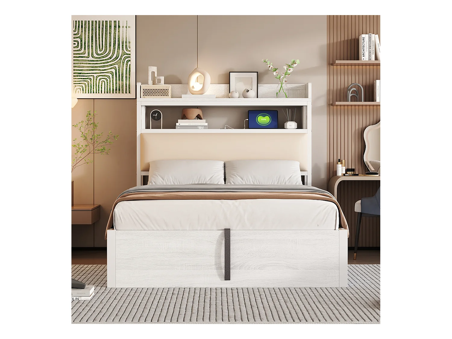 Lit coffre 90 x 200 cm - Lit simple avec chargement USB et tête de lit coffre - bois blanc