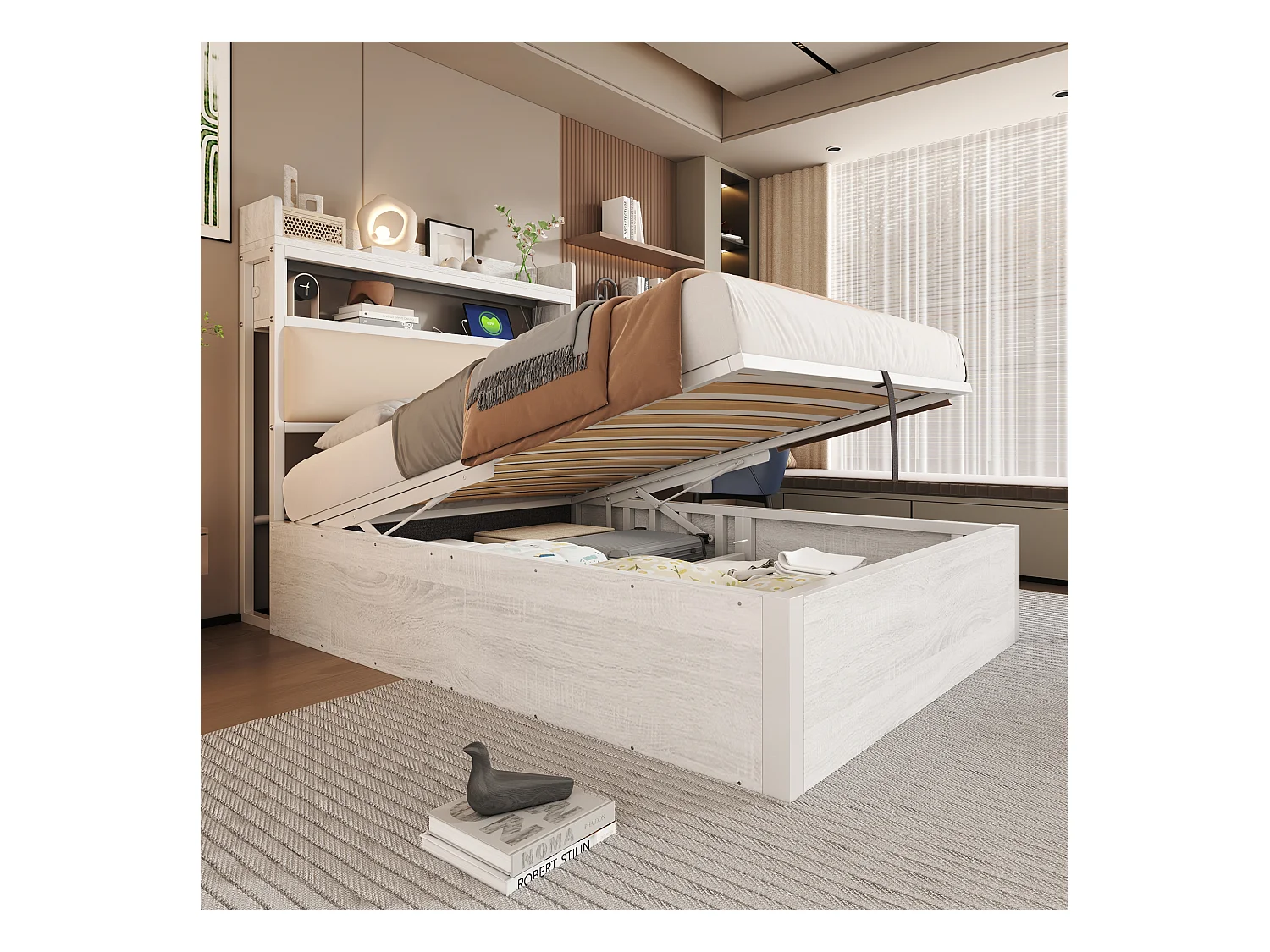 Lit coffre 90 x 200 cm - Lit simple avec chargement USB et tête de lit coffre - bois blanc