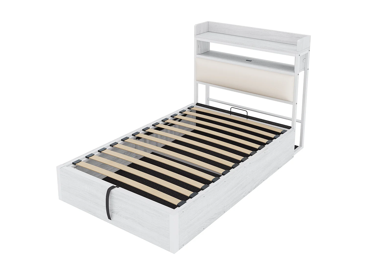 Opbergbed 90 x 200 cm - Eenpersoonsbed met USB-oplaadfunctie en opberghoofdeinde - wit hout