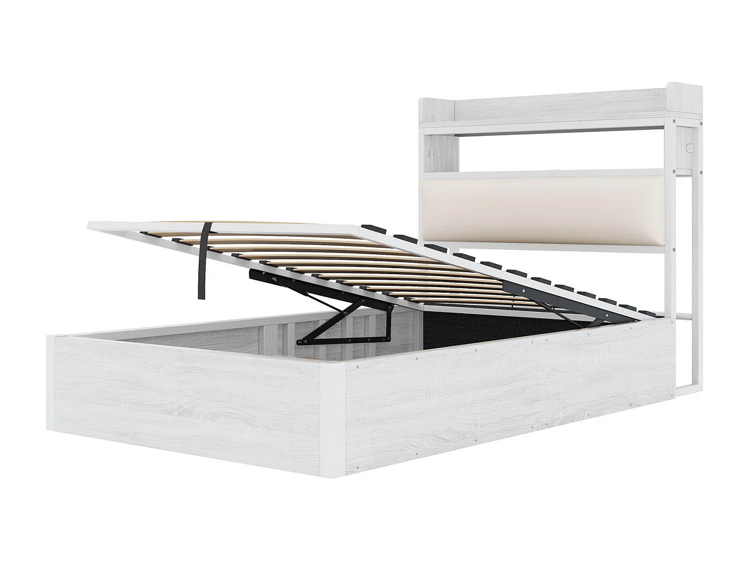 Opbergbed 90 x 200 cm - Eenpersoonsbed met USB-oplaadfunctie en opberghoofdeinde - wit hout