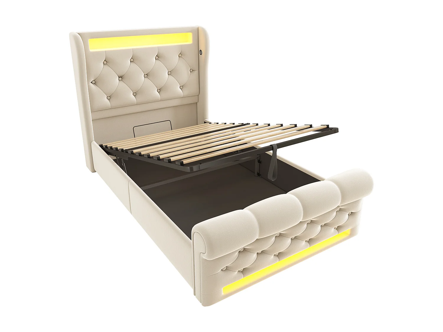 Lit coffre 90x200 cm - Lit simple avec chargement USB et lumière LED - velours beige - sans matelas