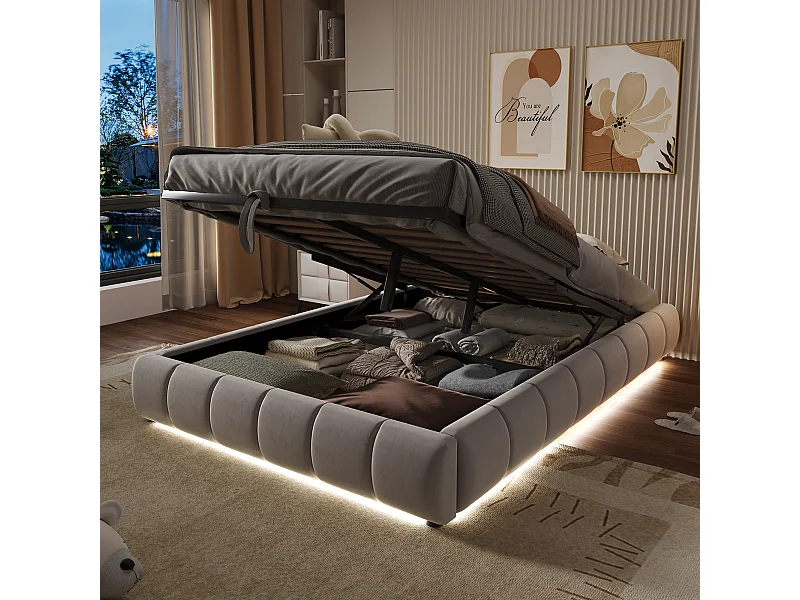 Opbergbed 140 x 200 cm - Volwassen bed met LED-verlichting en opbergruimte - beige flanel - zonder matras