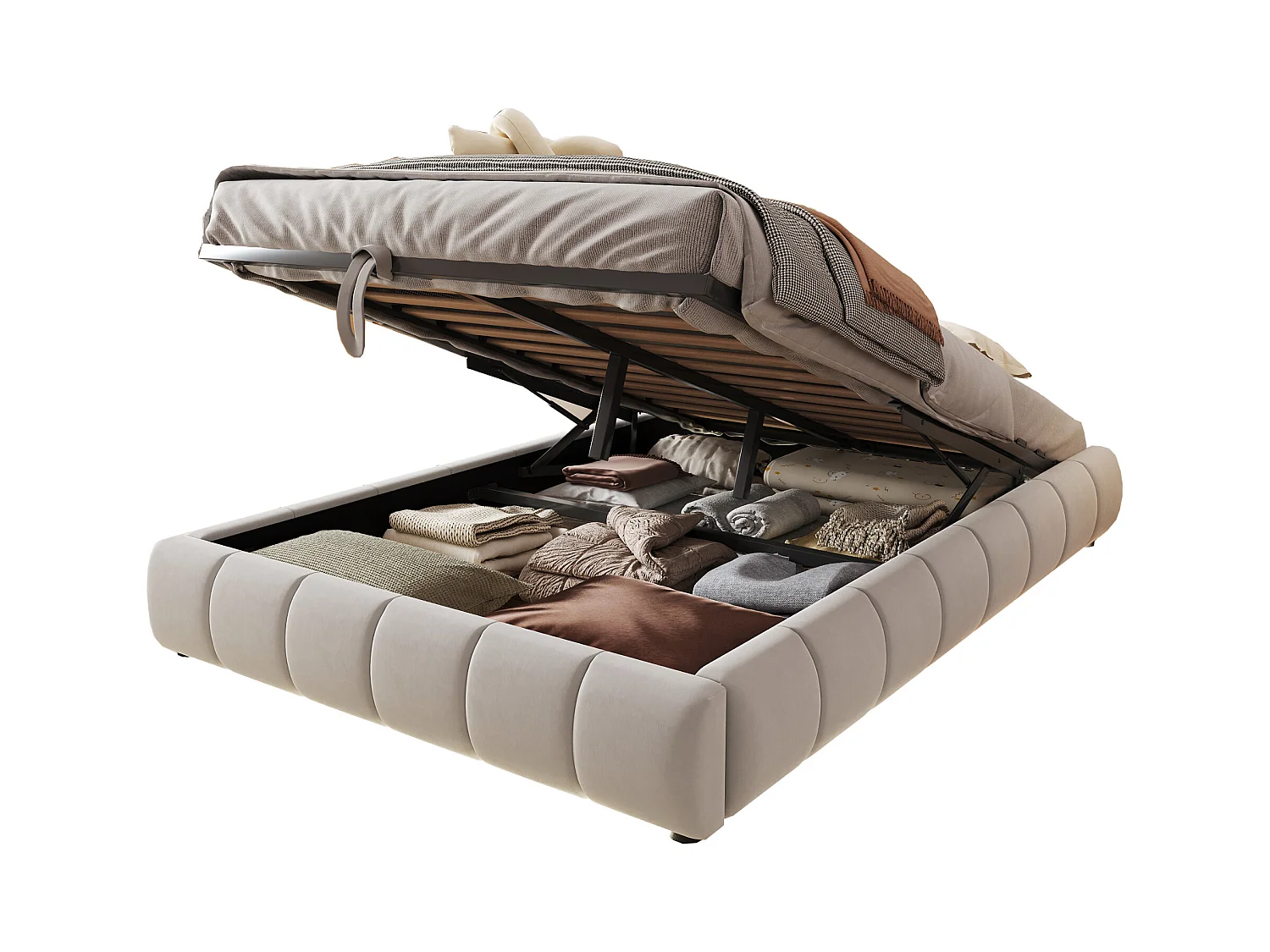 Lit coffre 140 x 200 cm - Lit adulte avec éclairage LED et rangement - flanelle beige - sans matelas