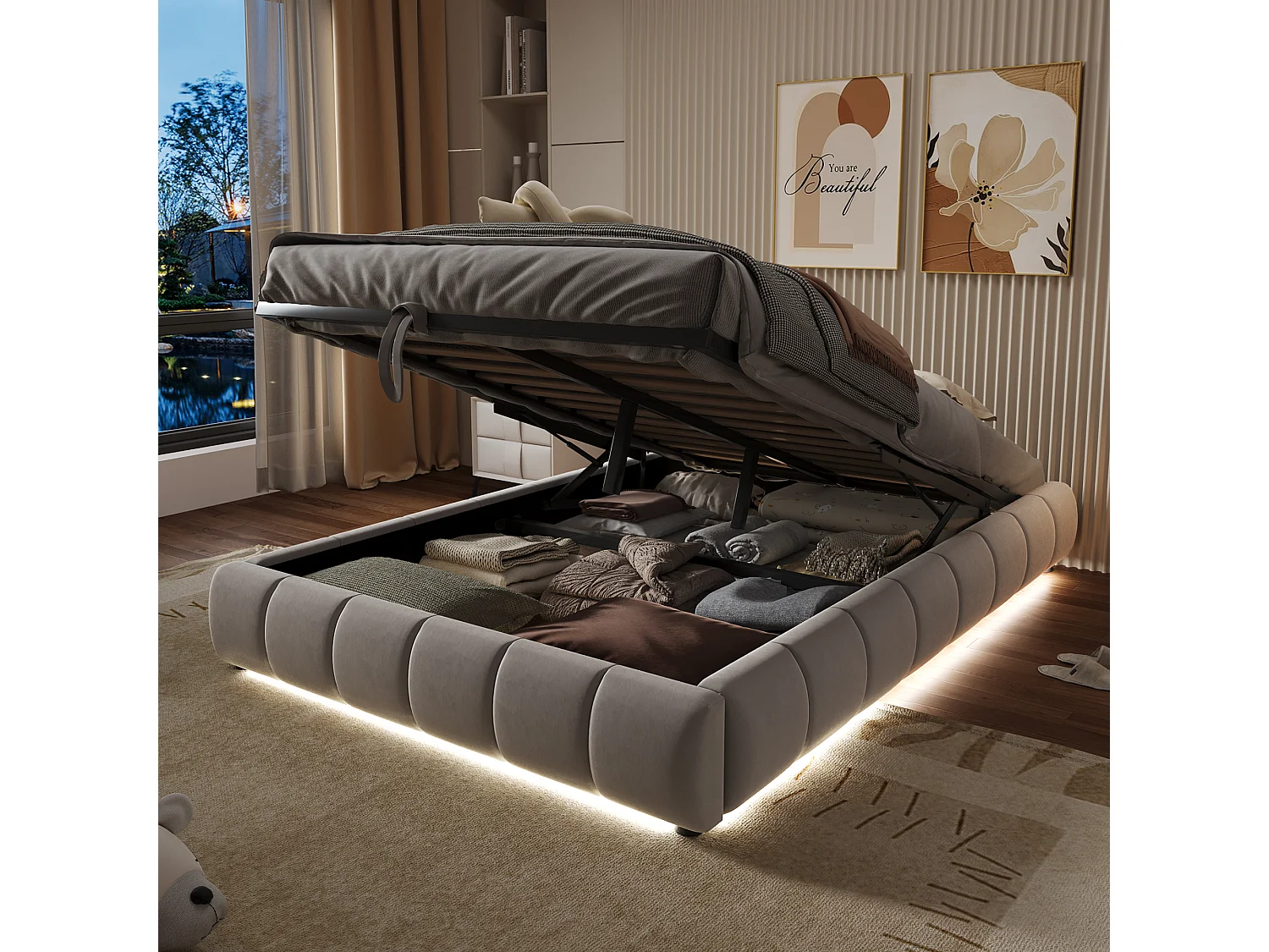 Lit coffre 140 x 200 cm - Lit adulte avec éclairage LED et rangement - flanelle beige - sans matelas