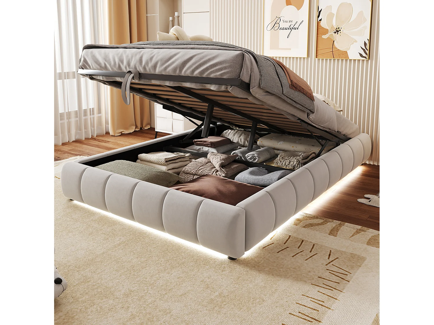 Lit coffre 140 x 200 cm - Lit adulte avec éclairage LED et rangement - flanelle beige - sans matelas