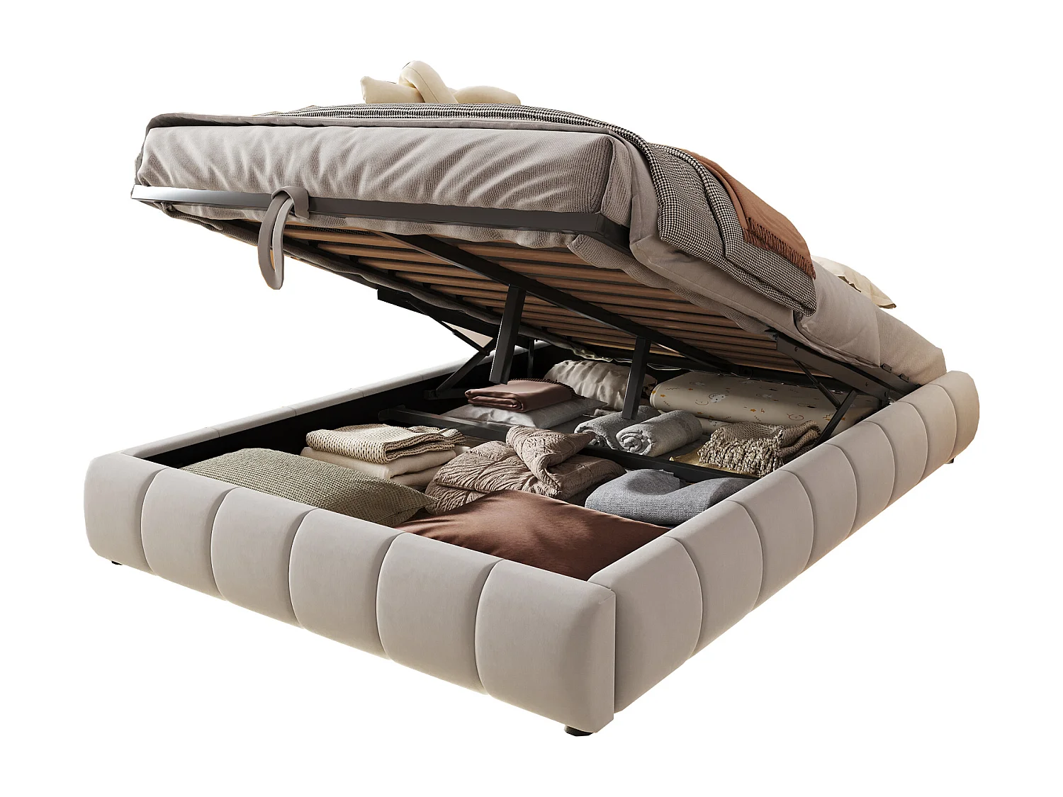 Lit coffre 140 x 200 cm - Lit adulte avec éclairage LED et rangement - flanelle beige - sans matelas
