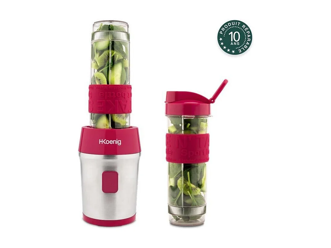 Mini blender - H.Koenig - SMOO10 - 300 W - 570 mL - Framboise - 2 gourdes incluses