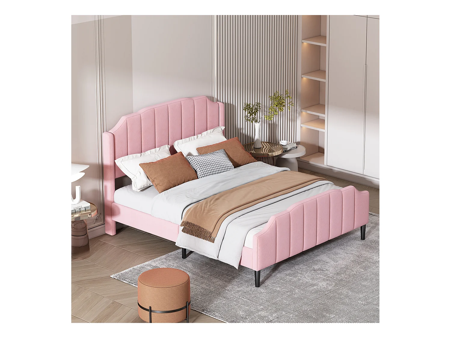 Lit adulte 140 x 200 cm - Lit double avec tête et pied de lit - velours rose - sans matelas