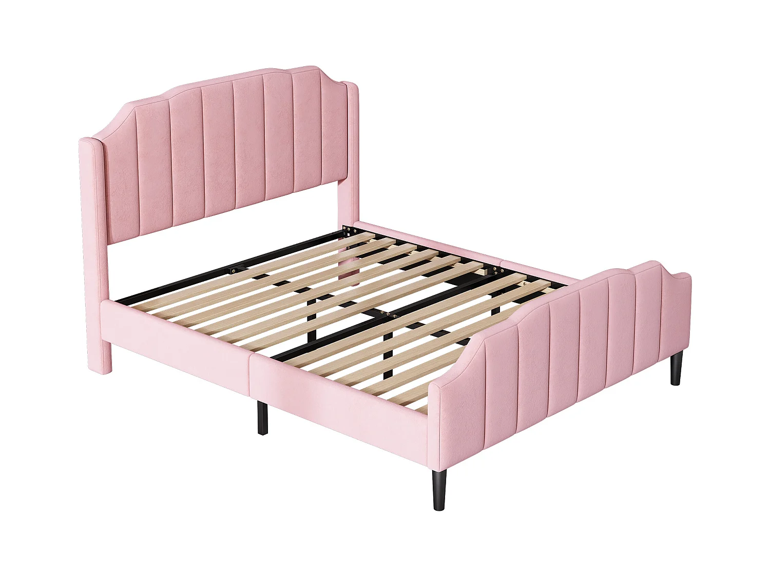 Lit adulte 140 x 200 cm - Lit double avec tête et pied de lit - velours rose - sans matelas