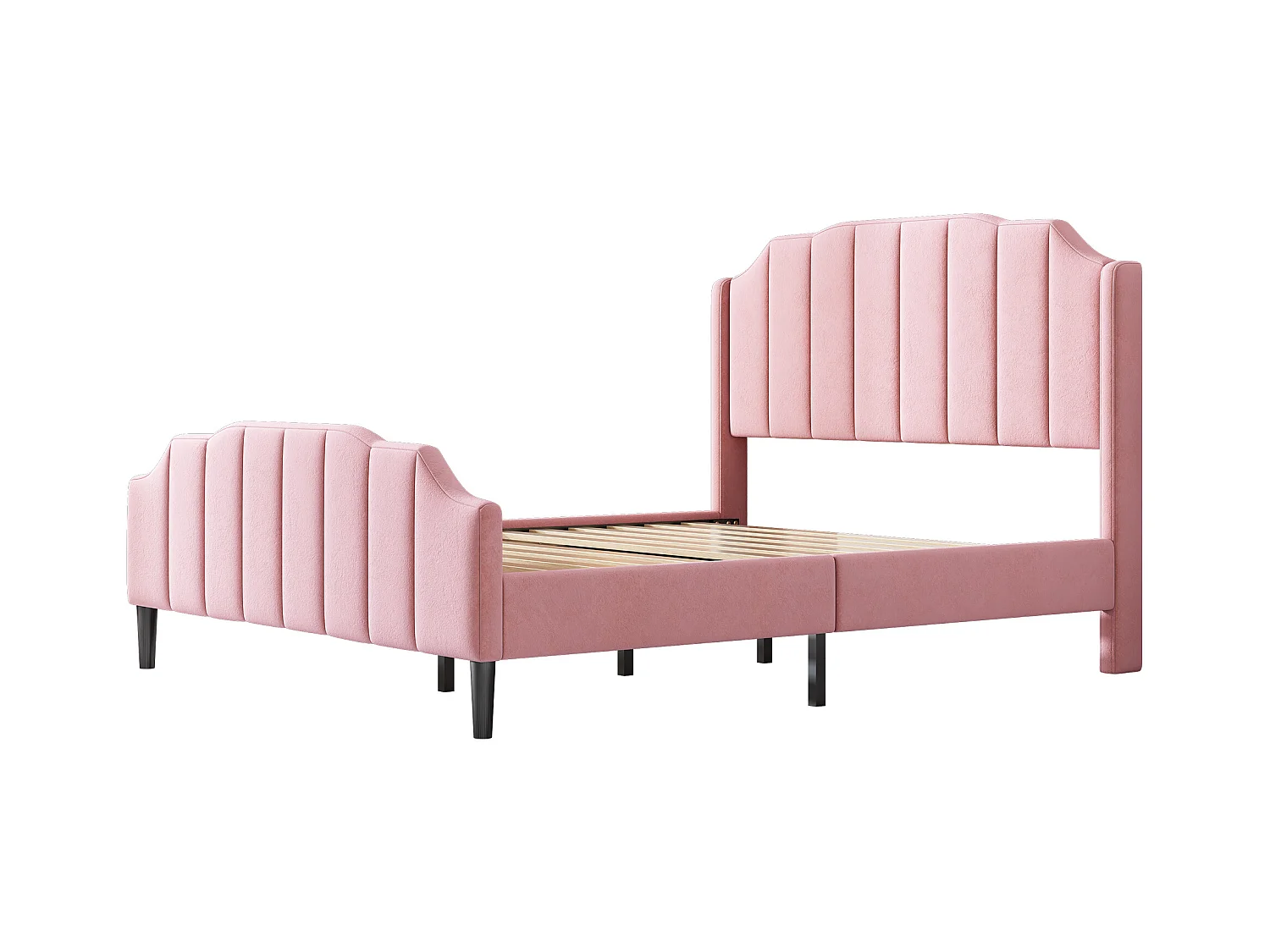 Lit adulte 140 x 200 cm - Lit double avec tête et pied de lit - velours rose - sans matelas