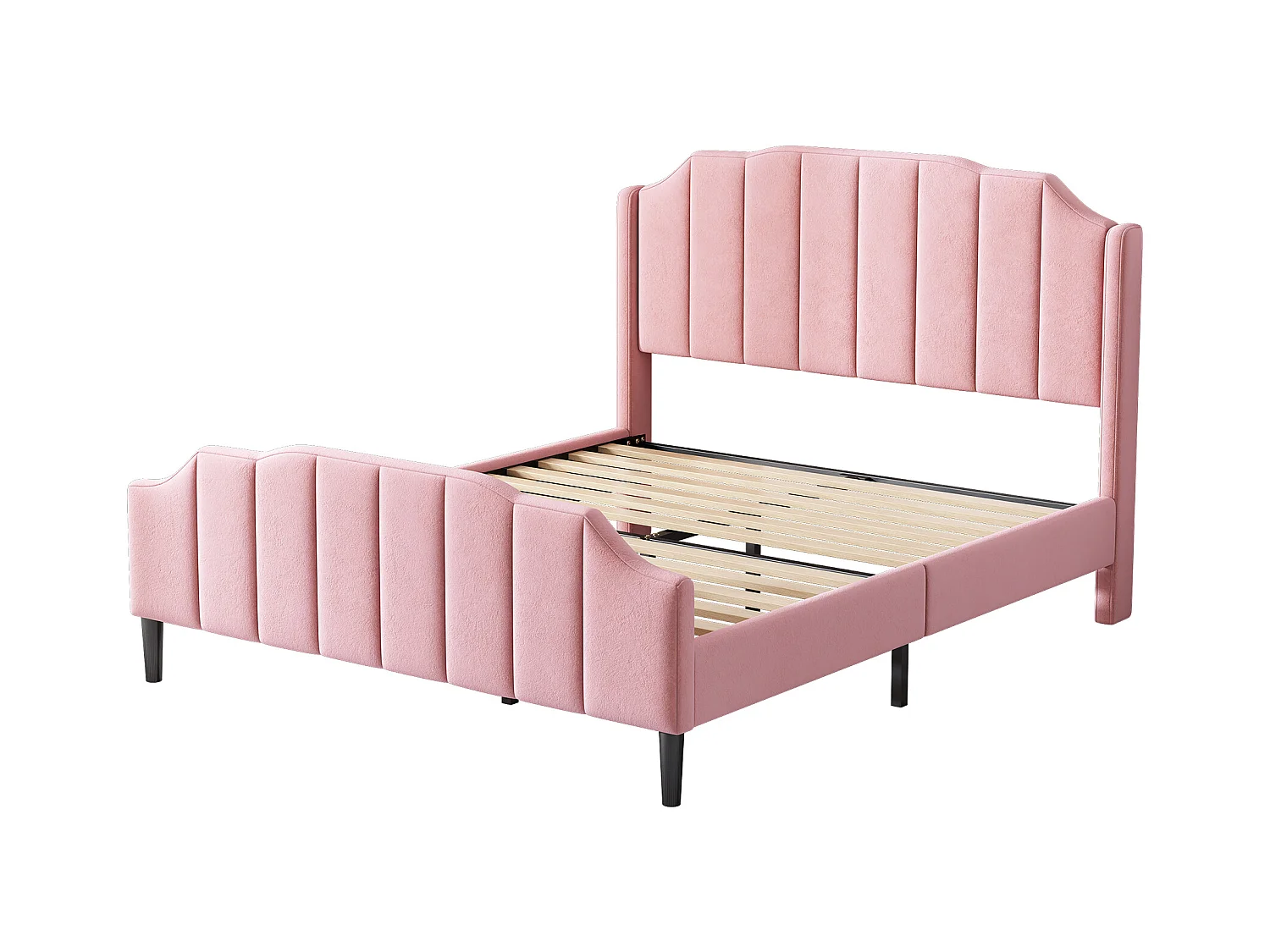 Lit adulte 140 x 200 cm - Lit double avec tête et pied de lit - velours rose - sans matelas
