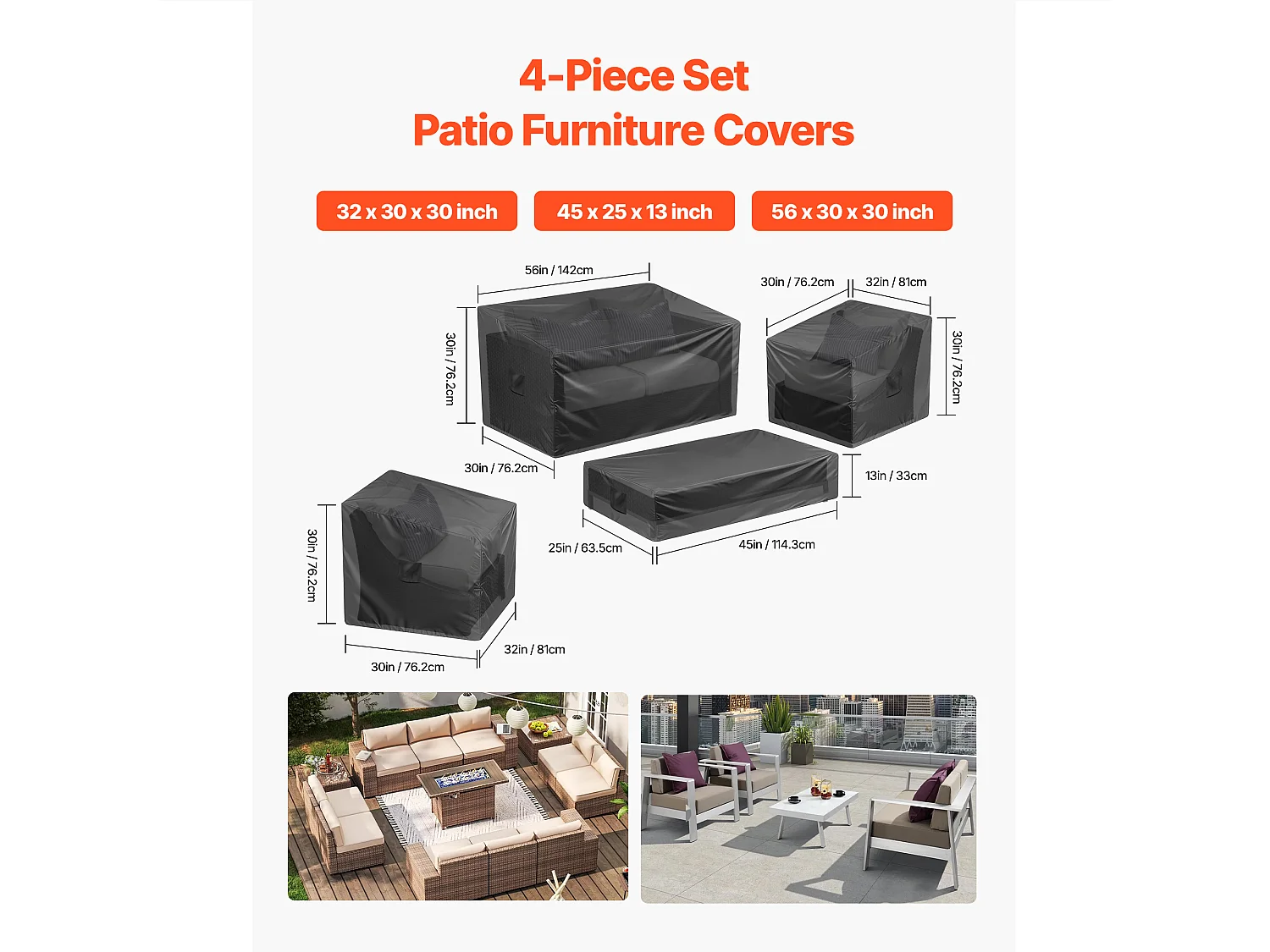 Housse de Meubles de Jardin SucceBuy, Lot de 4, Bâche de Protection pour Mobiliers d’Extérieur en 420D Imperméable et Résistante, Toutes Saisons, Noir