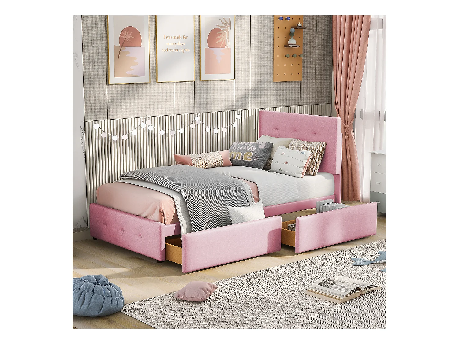 Lit enfant 90 x 200 cm - Lit ado avec 2 tiroirs et dossier - velours rose - sans matelas