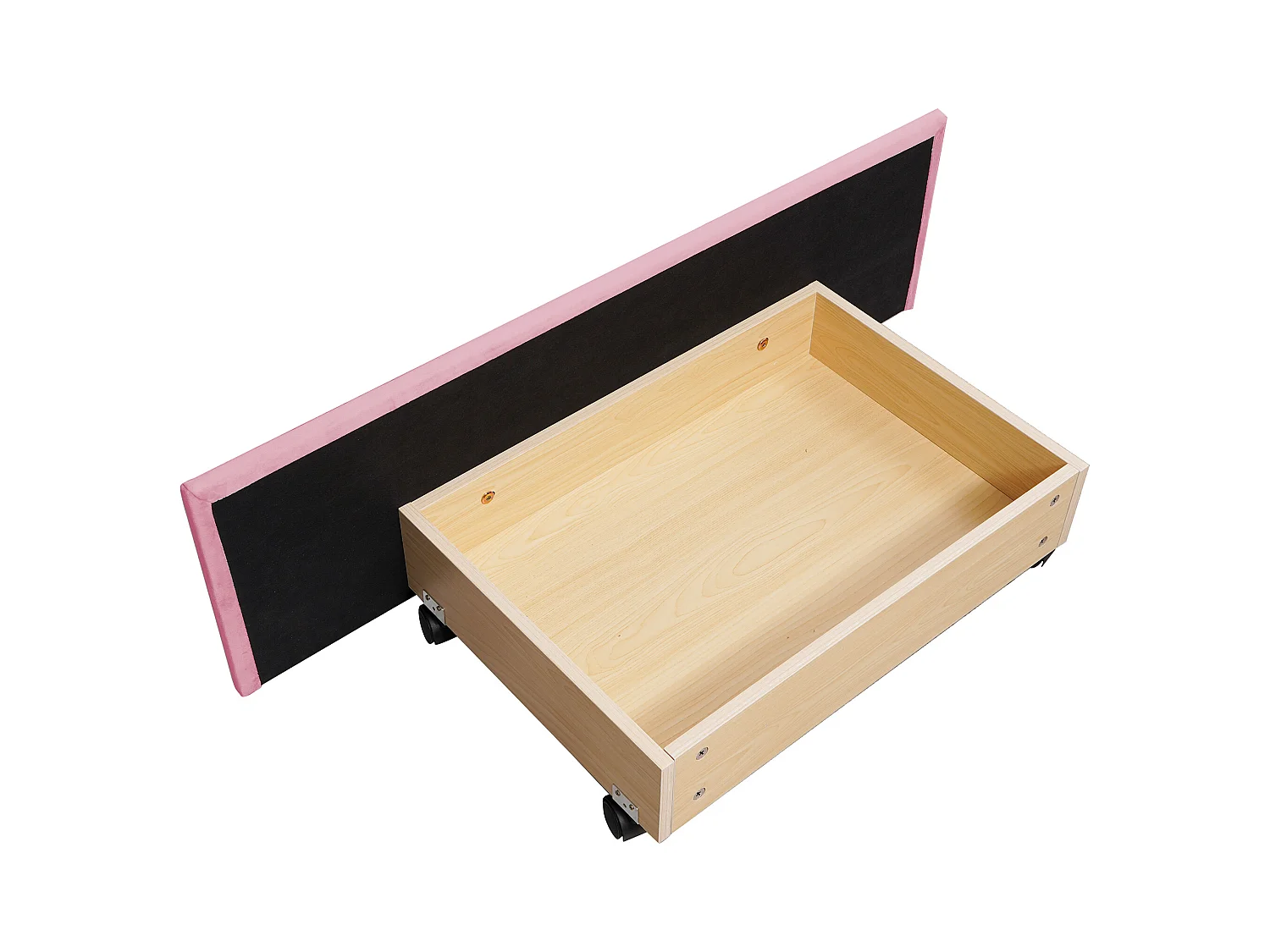 Lit enfant 90 x 200 cm - Lit ado avec 2 tiroirs et dossier - velours rose - sans matelas