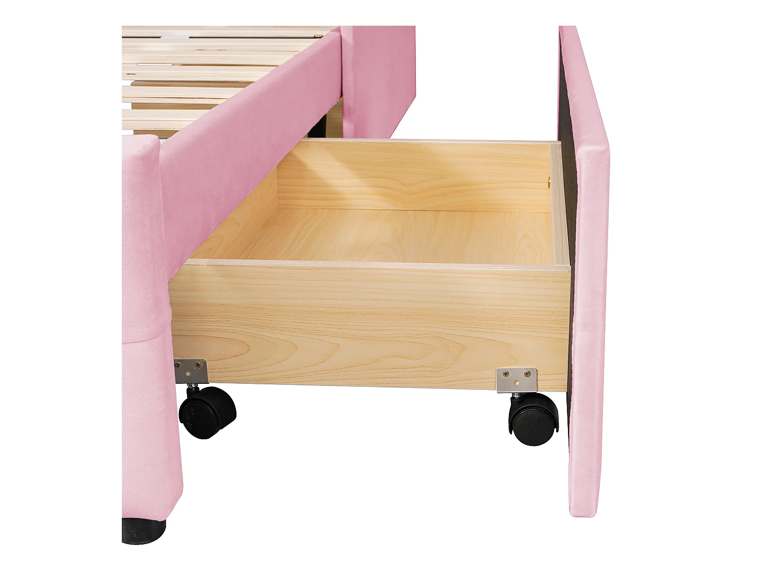 Lit enfant 90 x 200 cm - Lit ado avec 2 tiroirs et dossier - velours rose - sans matelas