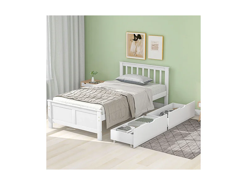 Kinderbett 90 x 200 cm - Jugendbett mit 2 Schubladen - Holz weiß - ohne Matratze