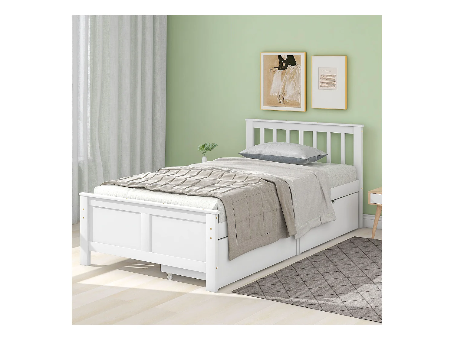 Cama infantil 90 x 200 cm - Cama juvenil com 2 gavetas - Madeira branca - sem colchão