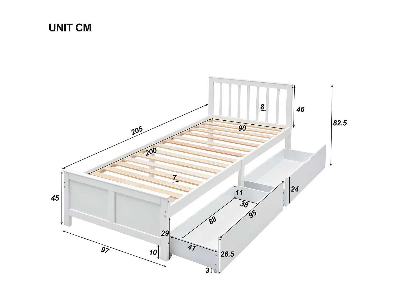 Łóżko dziecięce 90 x 200 cm - Łóżko młodzieżowe z 2 szufladami - Białe drewno - bez materaca