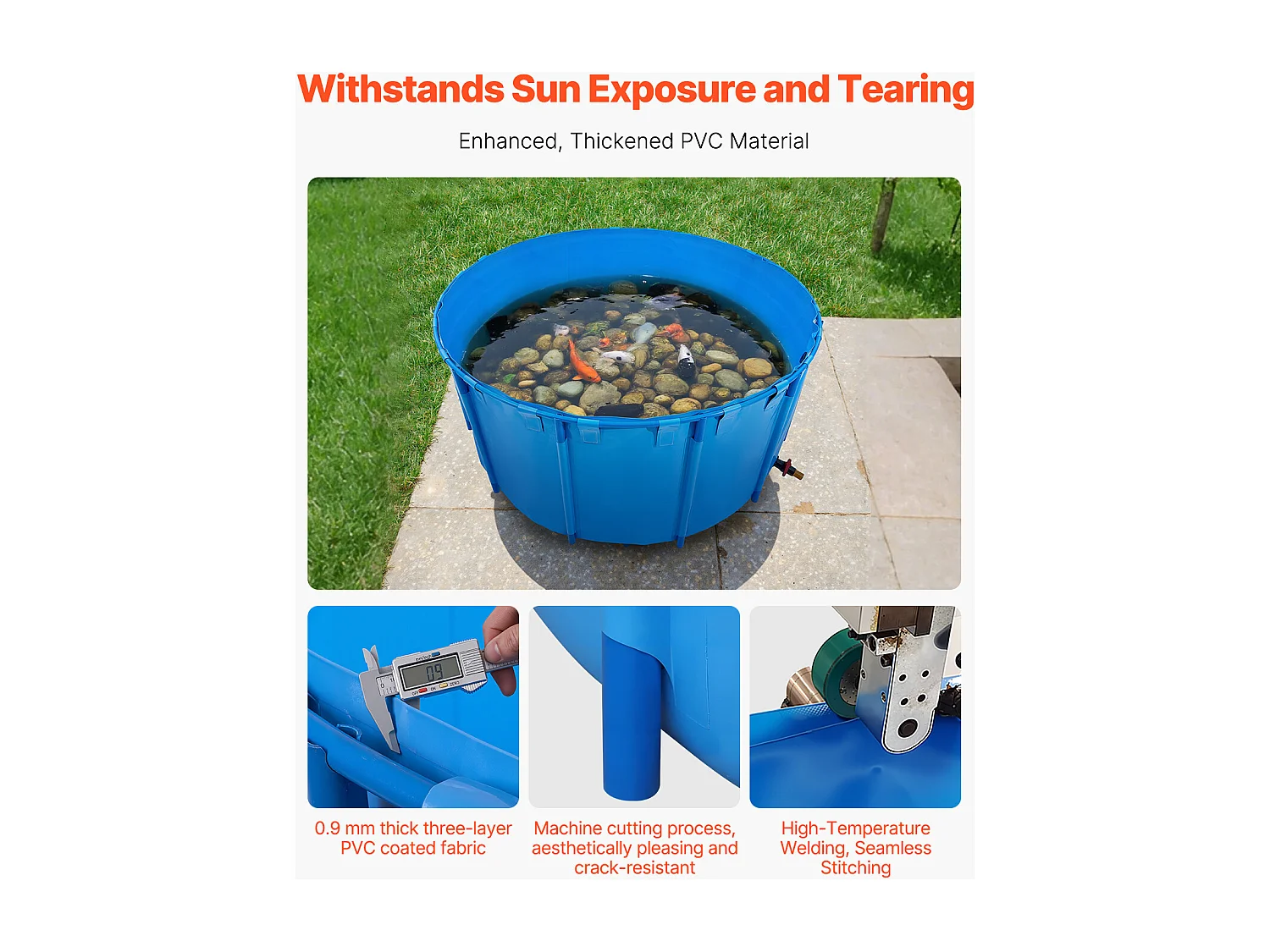 Bassin à Poissons SucceBuy en PVC de 5000 L, Aquarium Rond Pliable avec Cadre Robuste et Vanne de Vidange, Idéal pour l'Aquaculture, l'Élevage de Carpes Koï