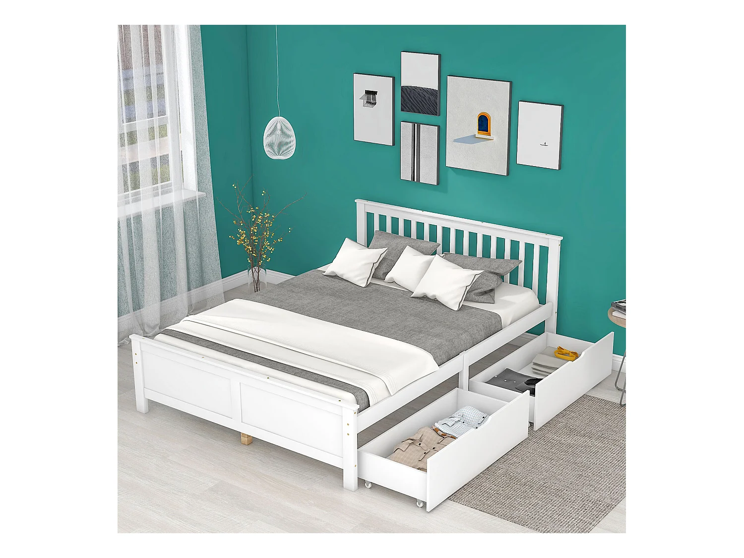 Lit adulte 140 x 200 cm - Lit ado avec 2 tiroirs - Bois blanc - sans matelas