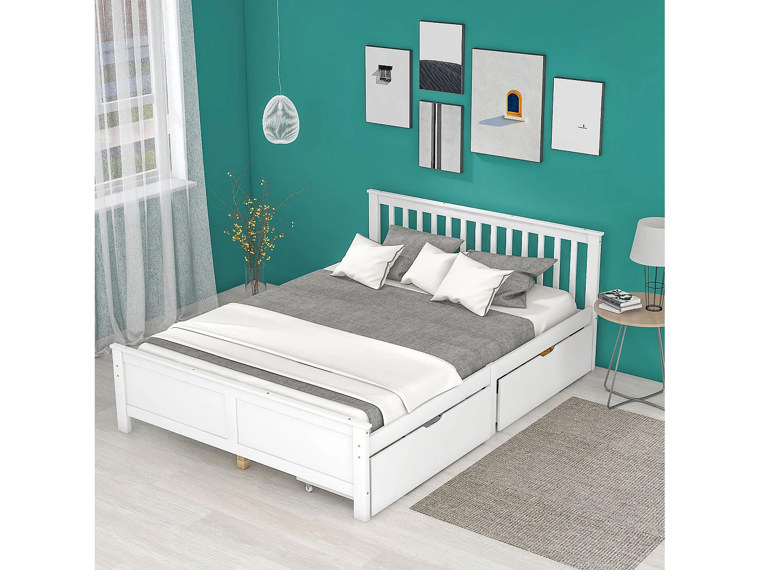 Lit adulte 140 x 200 cm - Lit ado avec 2 tiroirs - Bois blanc - sans matelas