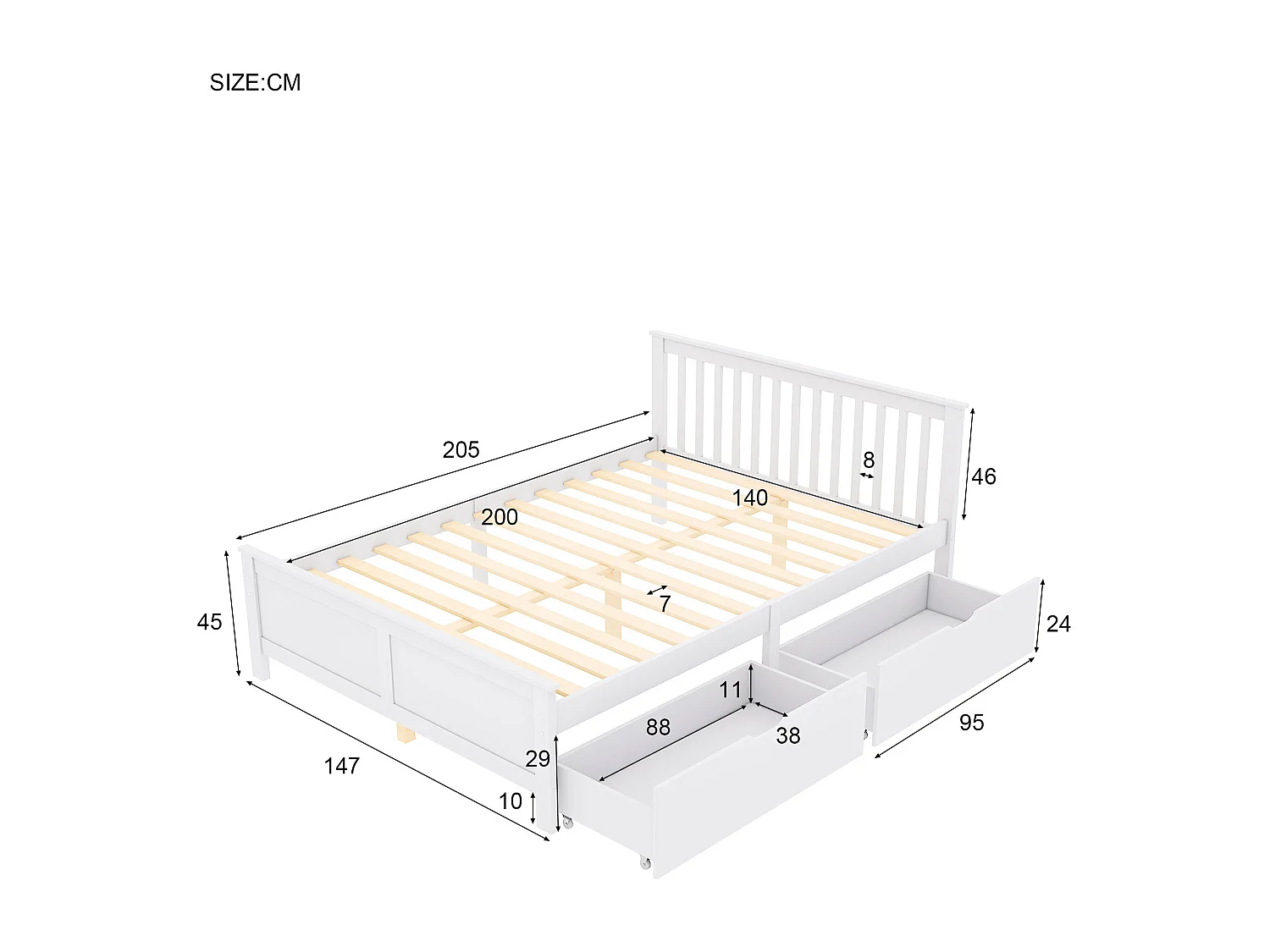 Lit adulte 140 x 200 cm - Lit ado avec 2 tiroirs - Bois blanc - sans matelas