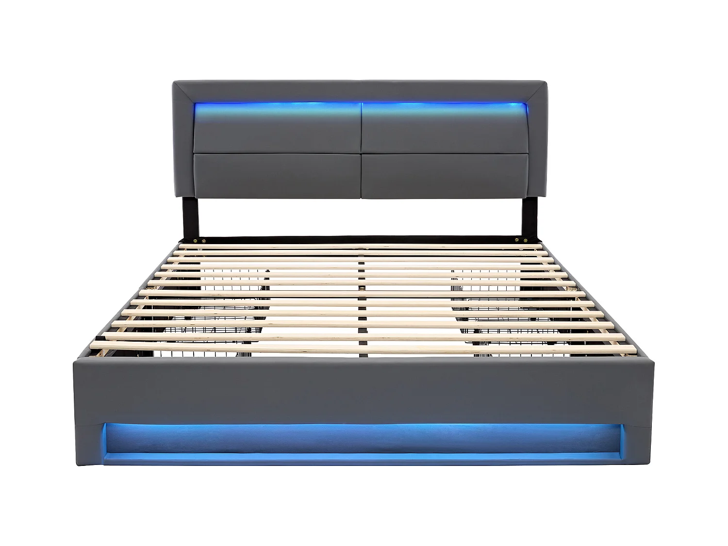 Lit adulte 160 x 200 cm - Lit double avec éclairage LED et quatre tiroirs - PU gris - sans matelas