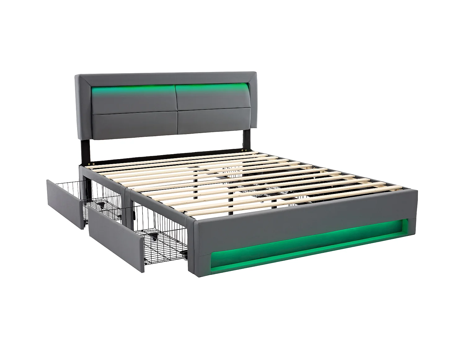 Lit adulte 160 x 200 cm - Lit double avec éclairage LED et quatre tiroirs - PU gris - sans matelas