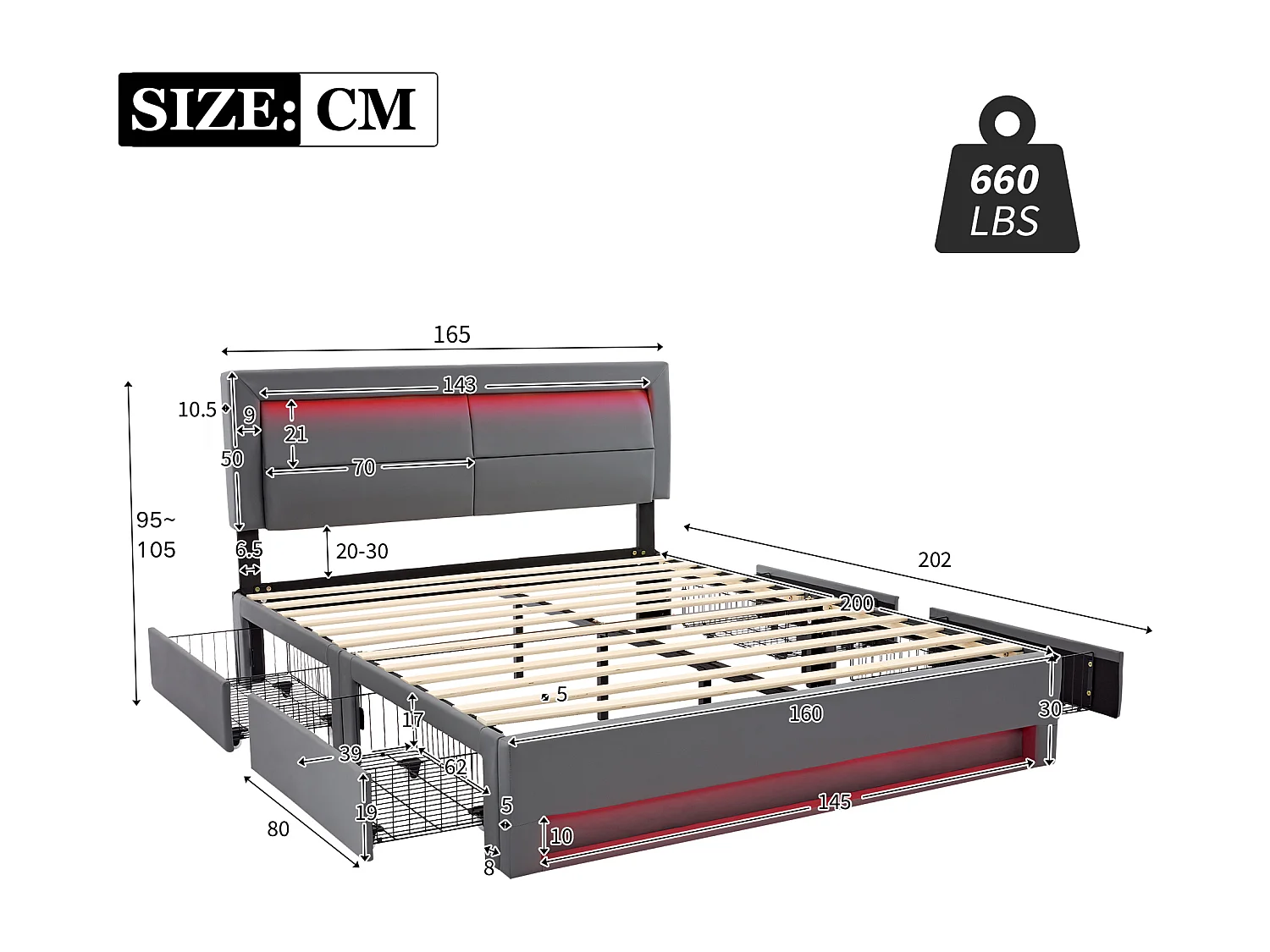 Lit adulte 160 x 200 cm - Lit double avec éclairage LED et quatre tiroirs - PU gris - sans matelas