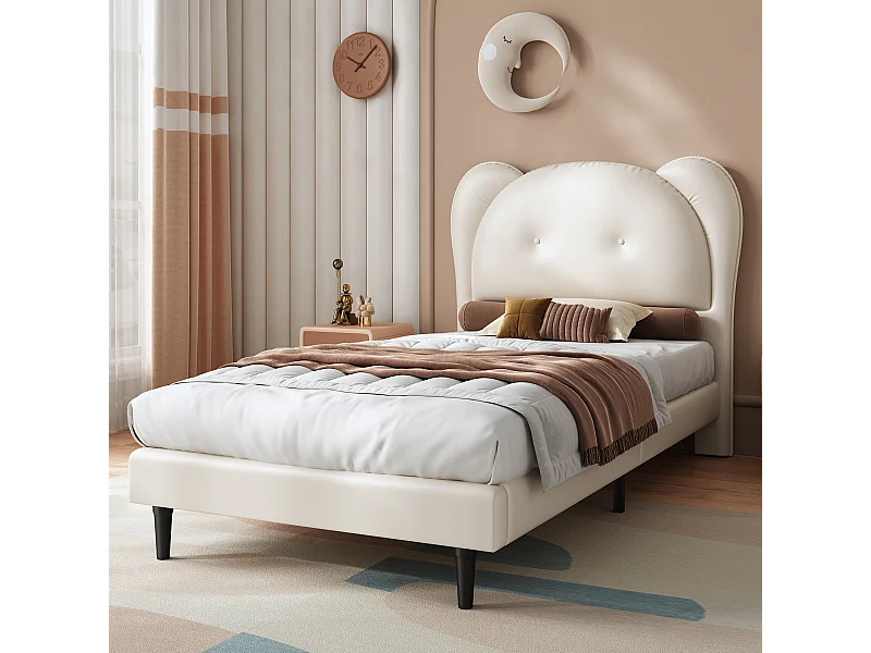 Lit enfant 90 x 200 cm - Lit simple avec tête de lit en forme d'animal - PU beige - sans matelas