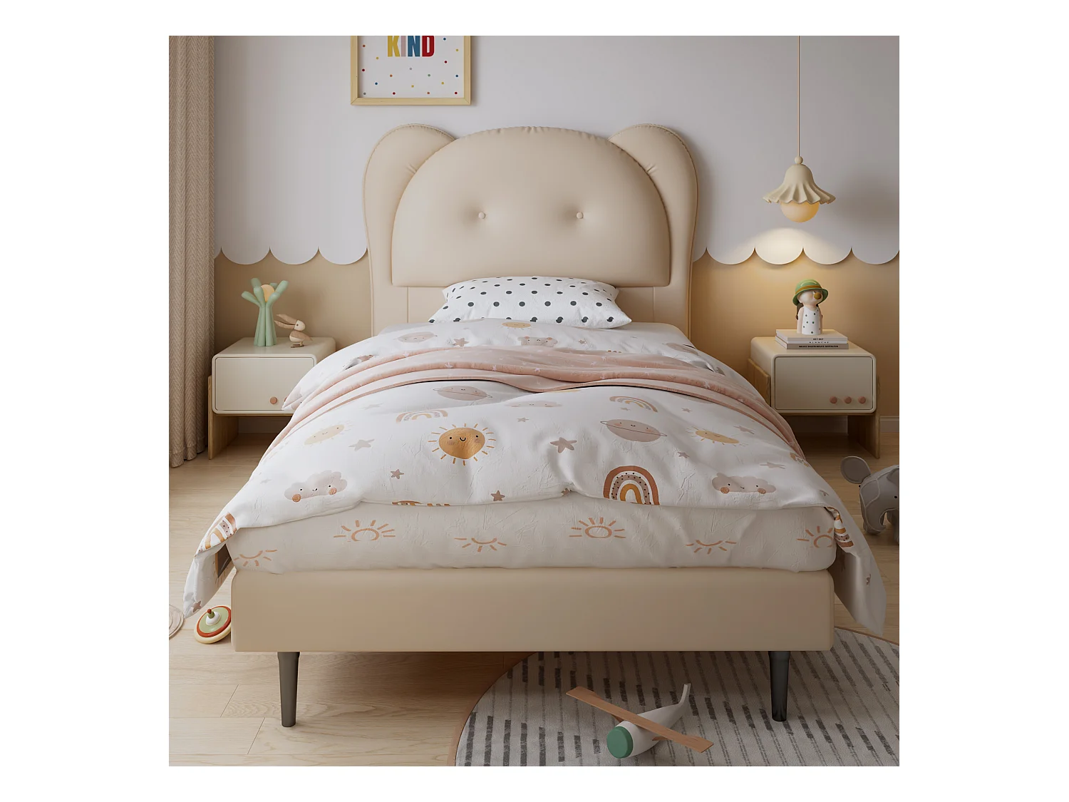 Lit enfant 90 x 200 cm - Lit simple avec tête de lit en forme d'animal - PU beige - sans matelas