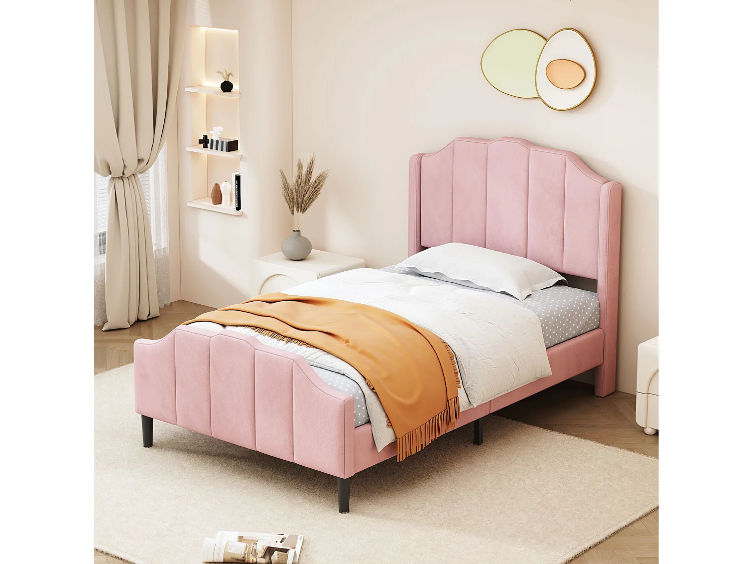 Lit adulte 90 x 200 cm - Lit double avec tête et pied de lit - velours rose - sans matelas