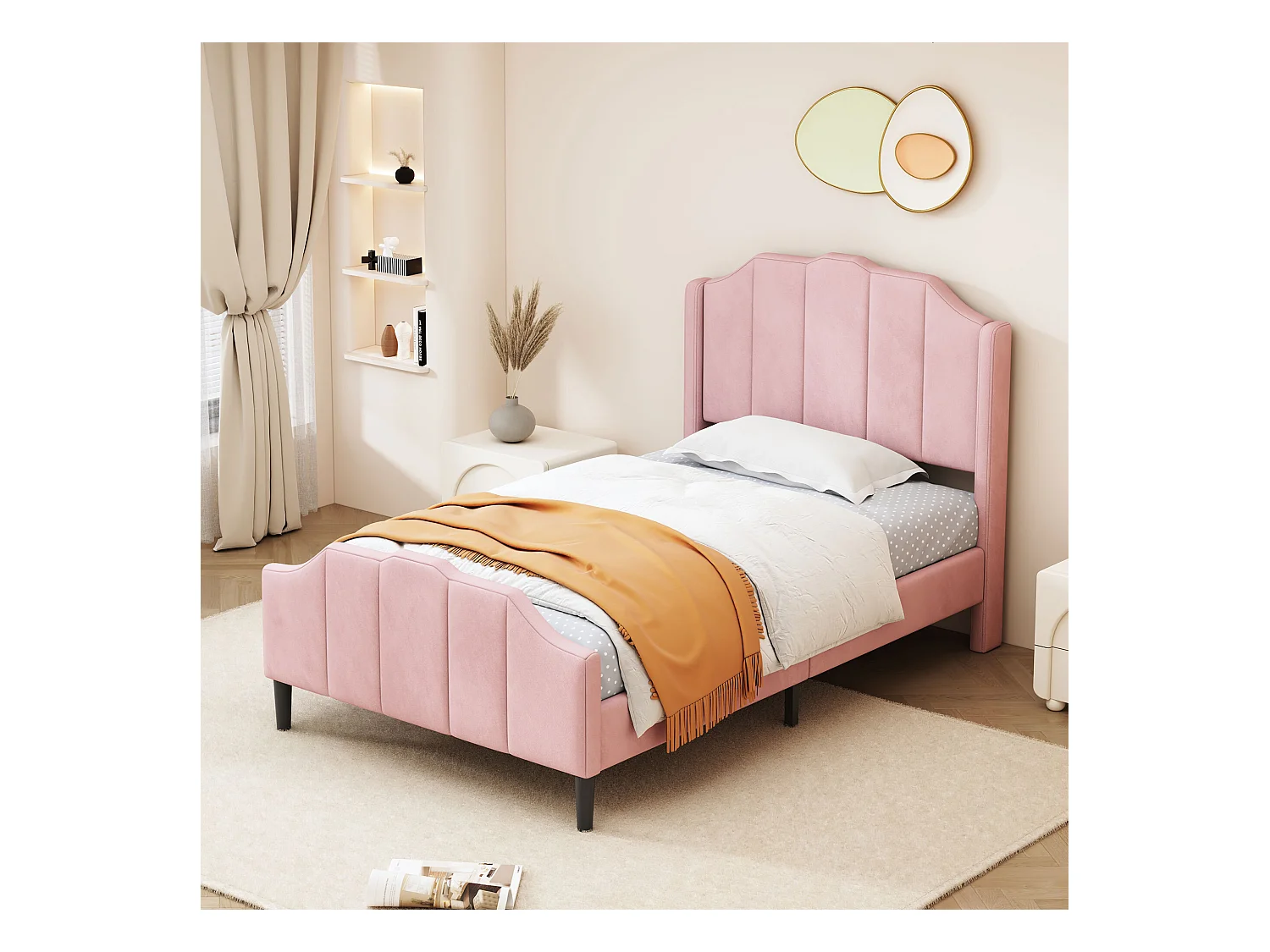 Lit adulte 90 x 200 cm - Lit double avec tête et pied de lit - velours rose - sans matelas