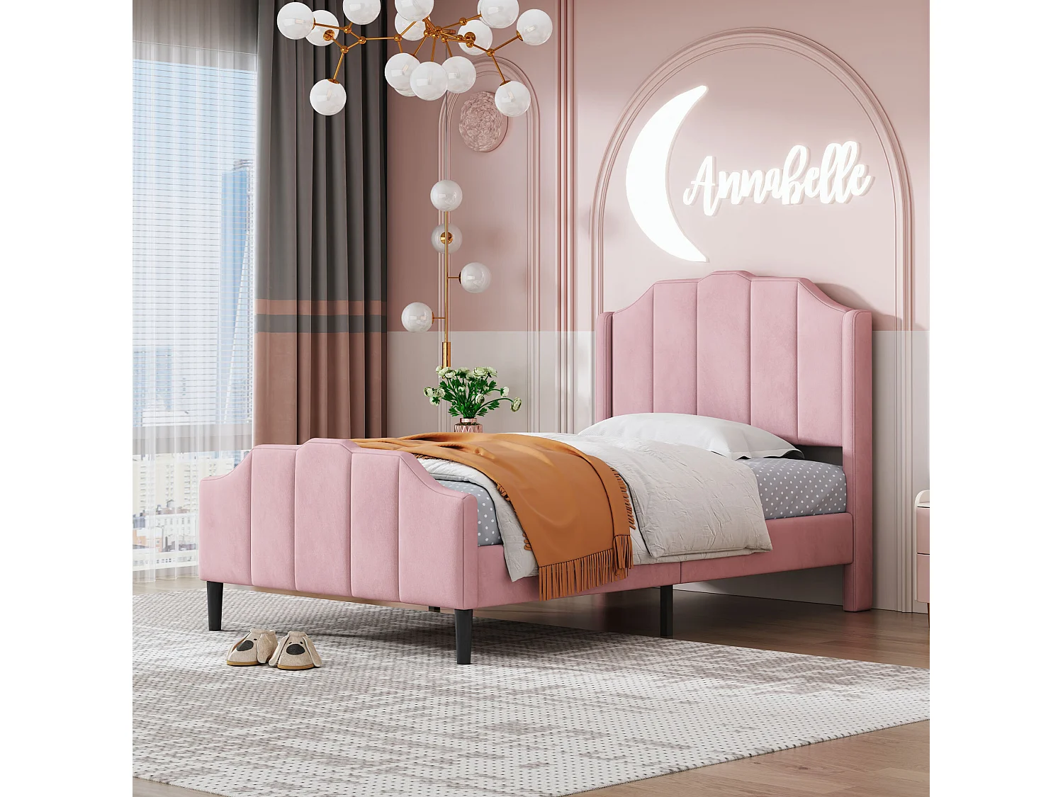 Erwachsenenbett 90 x 200 cm - Doppelbett mit Kopf- und Fußteil - rosa samt - ohne matratze