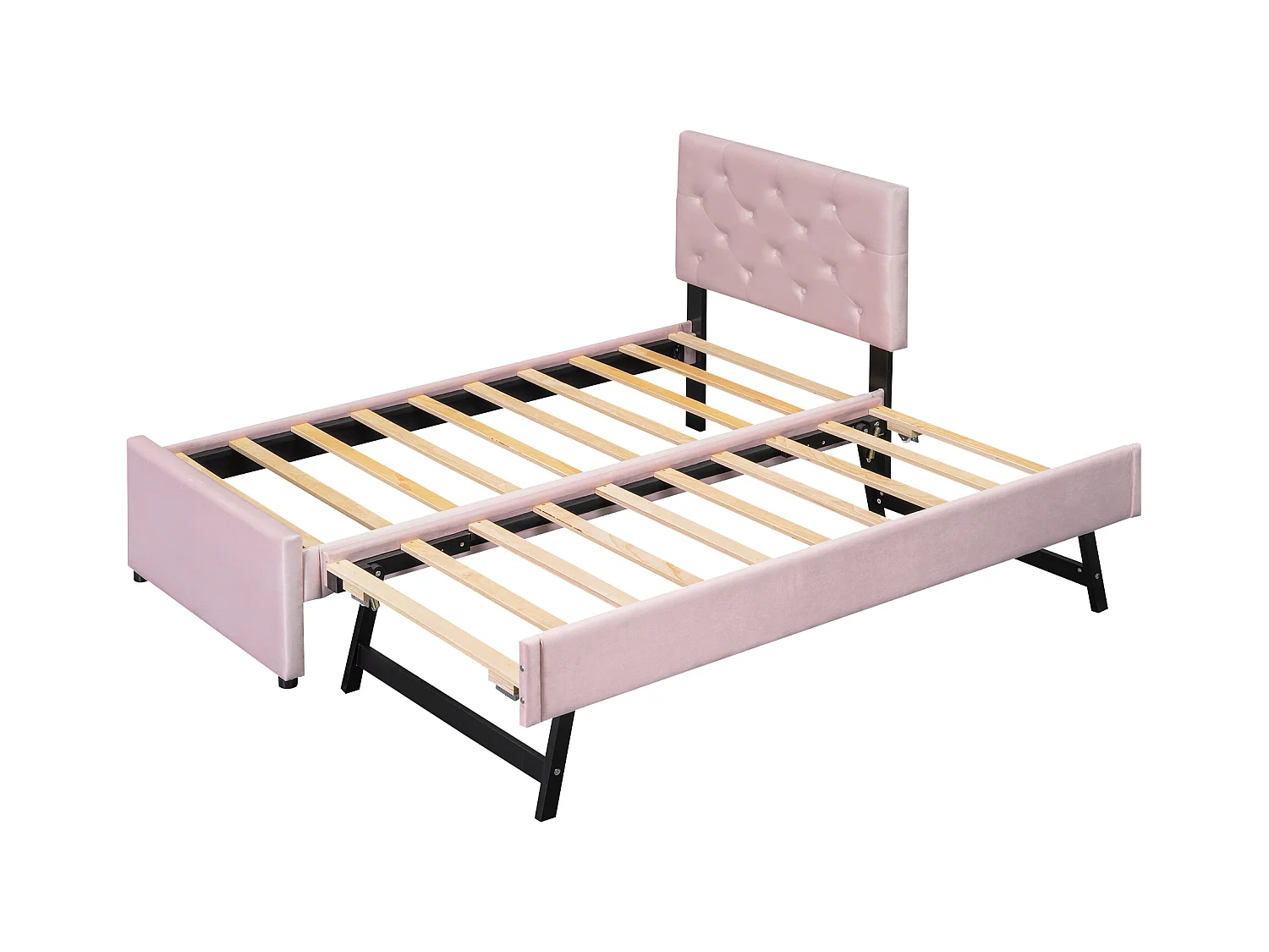 Lit gigogne 90 x 200 cm - Lit enfant avec lit gigogne et sommier à lattes - velours rose - sans matelas